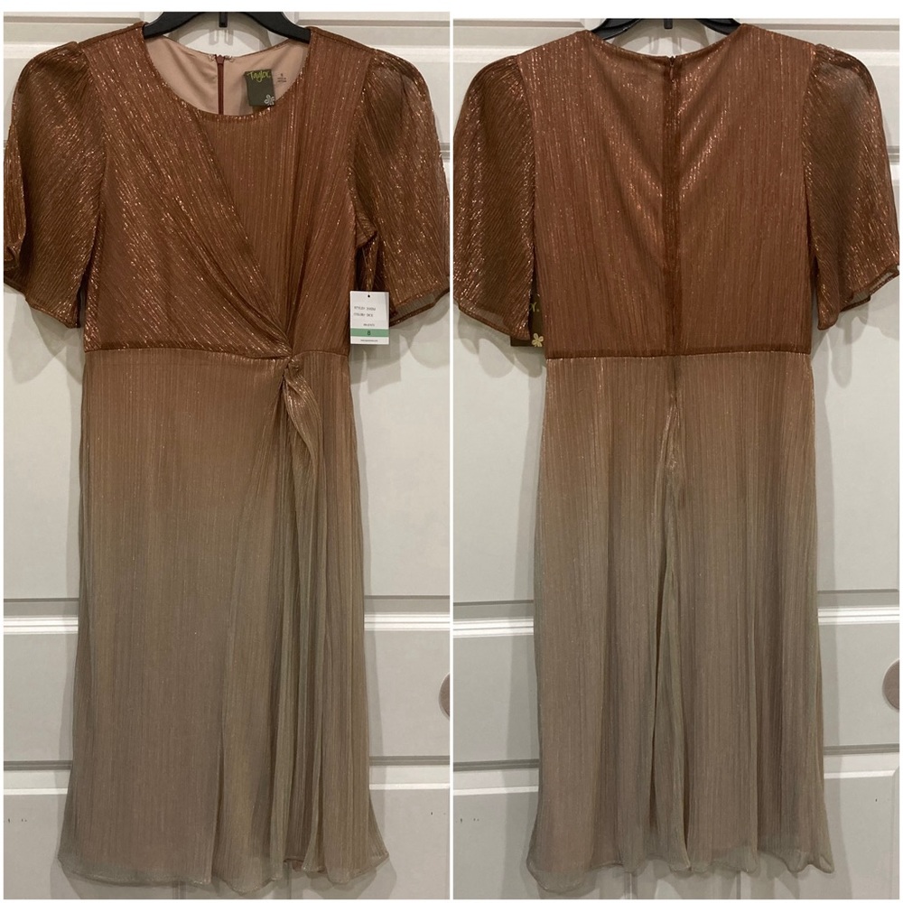 NWT Taylor Sz 8 gold sparkle ombré flutter sleeve side tie dress style 2102M